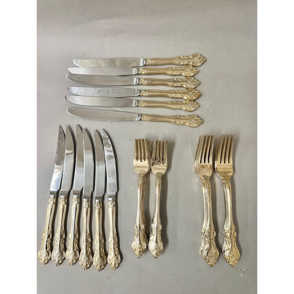 RSVP Indonesia TM Gold Electroplate 34 Piece‎ Floral Scroll Knives/Forks Holiday